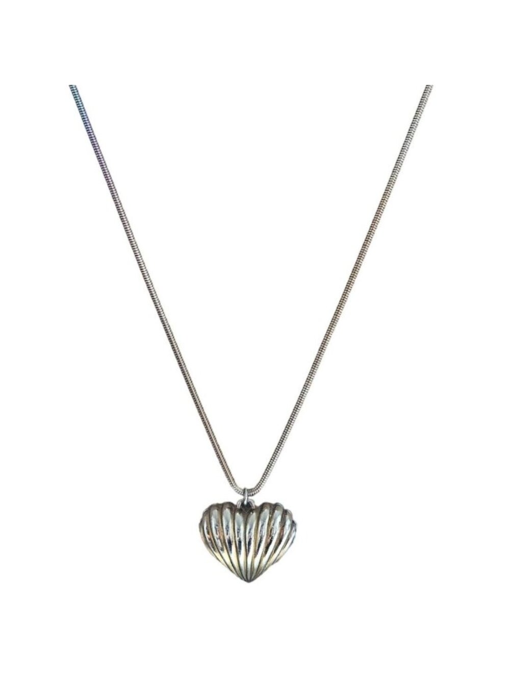 Vintage Heart Pendant Necklace Two Tone Ribbed Snake Chain Valentines Day Gift